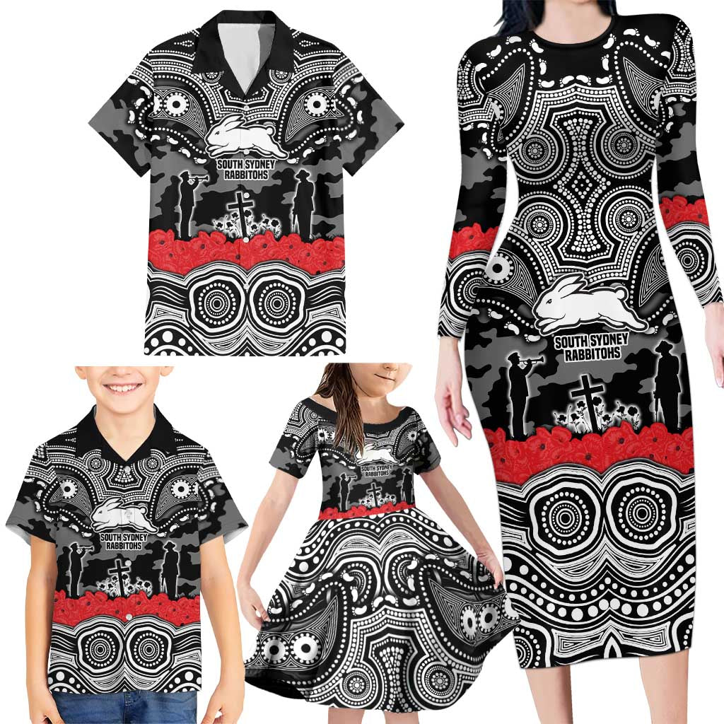 ANZAC Day South Sydney Rabbitohs Family Matching Long Sleeve Bodycon Dress and Hawaiian Shirt Military Memorial Aboriginal Indigenous Art