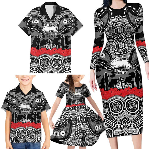 ANZAC Day South Sydney Rabbitohs Family Matching Long Sleeve Bodycon Dress and Hawaiian Shirt Military Memorial Aboriginal Indigenous Art
