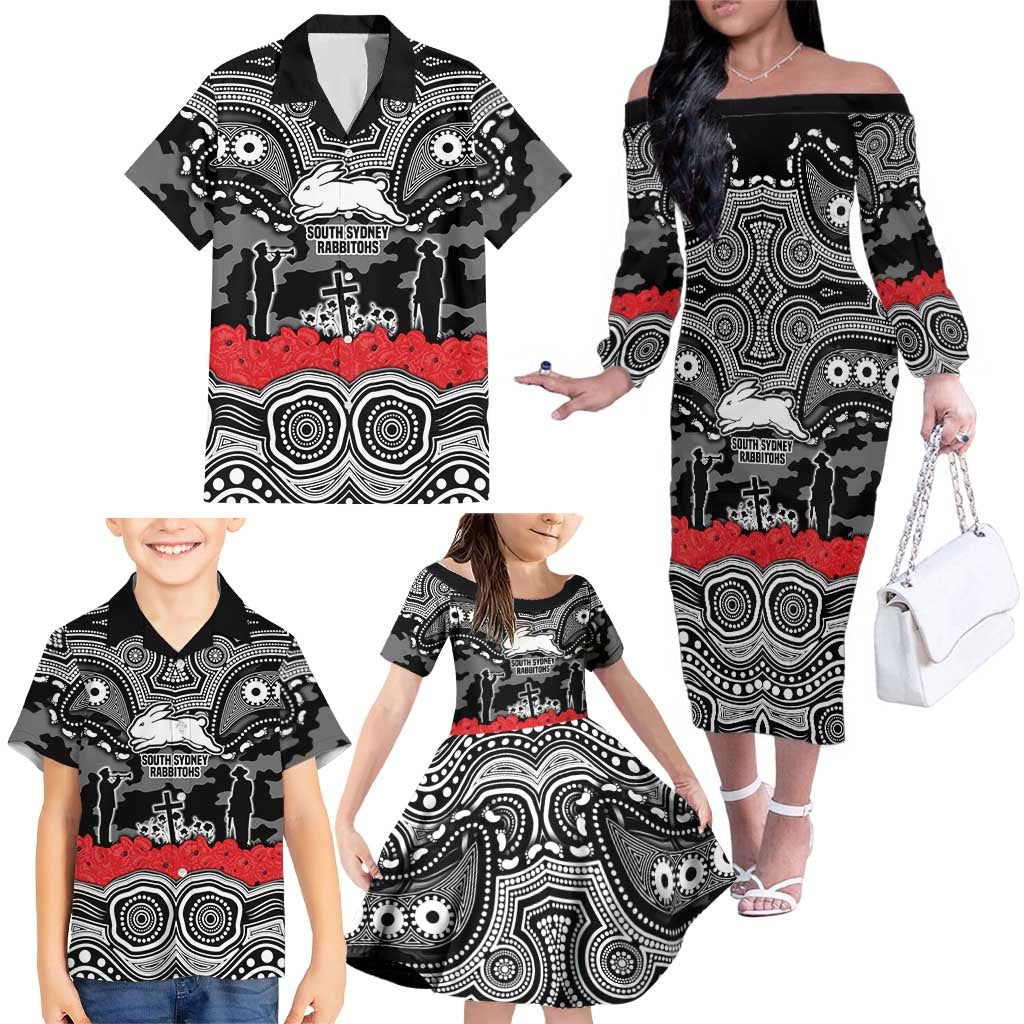 ANZAC Day South Sydney Rabbitohs Family Matching Off The Shoulder Long Sleeve Dress and Hawaiian Shirt Military Memorial Aboriginal Indigenous Art