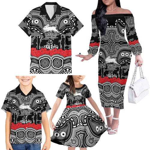 ANZAC Day South Sydney Rabbitohs Family Matching Off The Shoulder Long Sleeve Dress and Hawaiian Shirt Military Memorial Aboriginal Indigenous Art