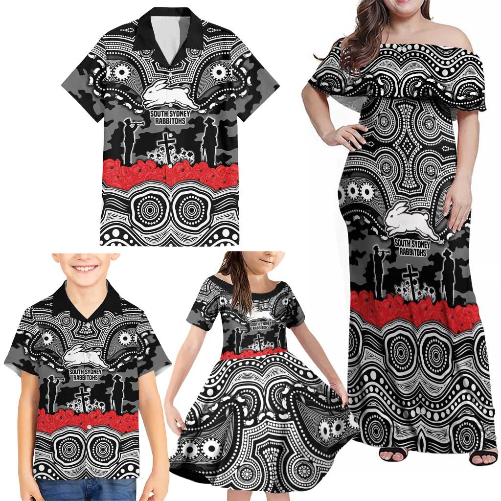 ANZAC Day South Sydney Rabbitohs Family Matching Off Shoulder Maxi Dress and Hawaiian Shirt Military Memorial Aboriginal Indigenous Art