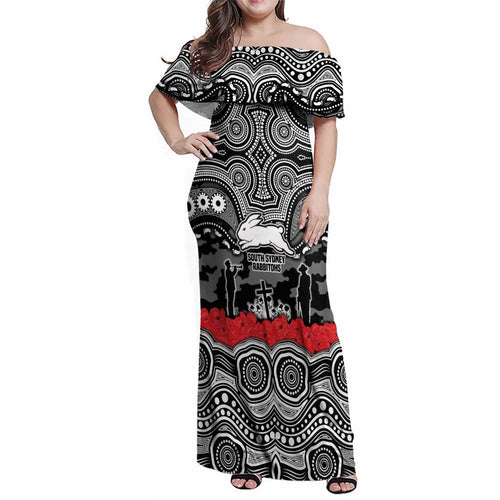 ANZAC Day South Sydney Rabbitohs Family Matching Off Shoulder Maxi Dress and Hawaiian Shirt Military Memorial Aboriginal Indigenous Art