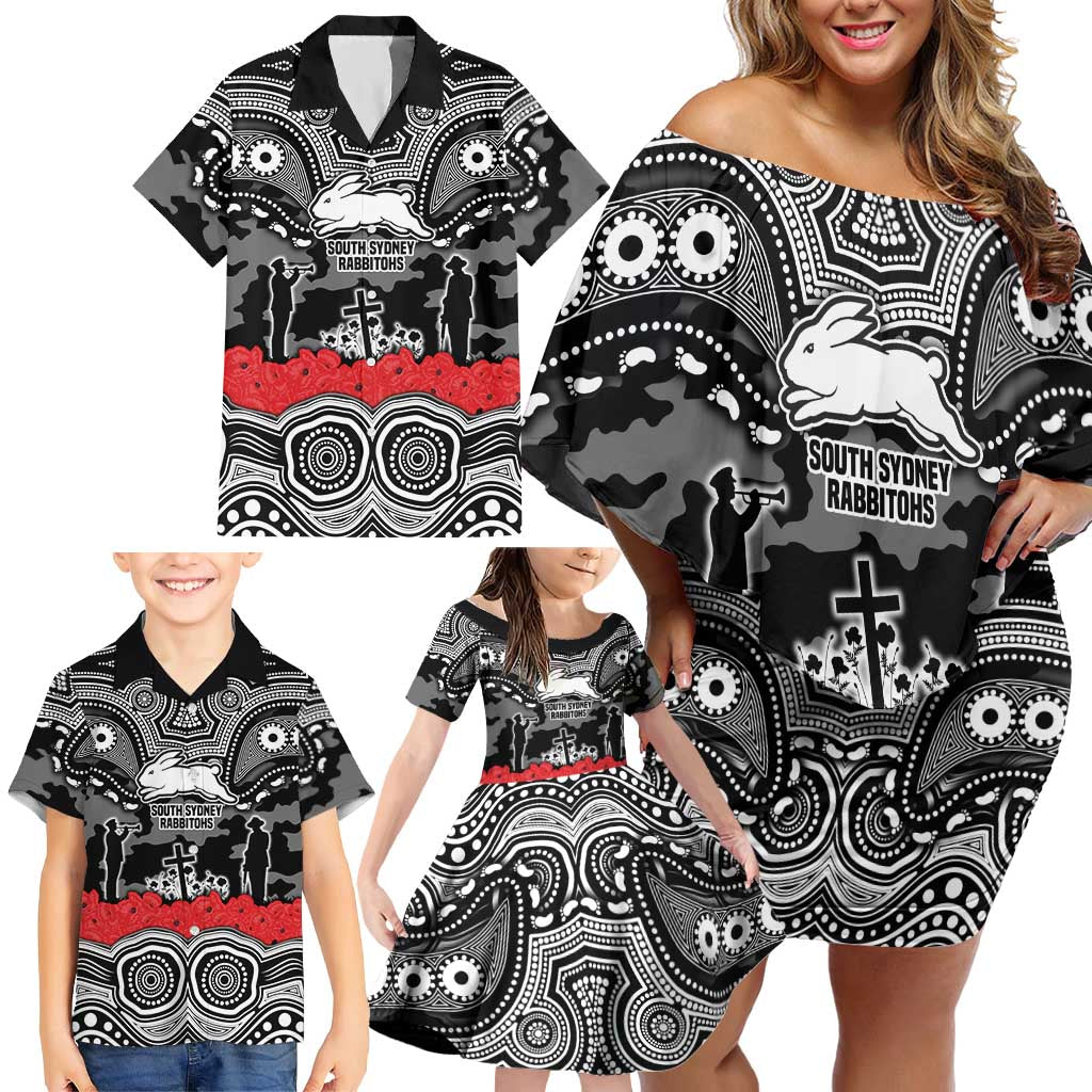 ANZAC Day South Sydney Rabbitohs Family Matching Off Shoulder Short Dress and Hawaiian Shirt Military Memorial Aboriginal Indigenous Art