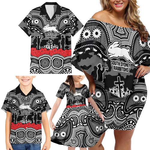 ANZAC Day South Sydney Rabbitohs Family Matching Off Shoulder Short Dress and Hawaiian Shirt Military Memorial Aboriginal Indigenous Art