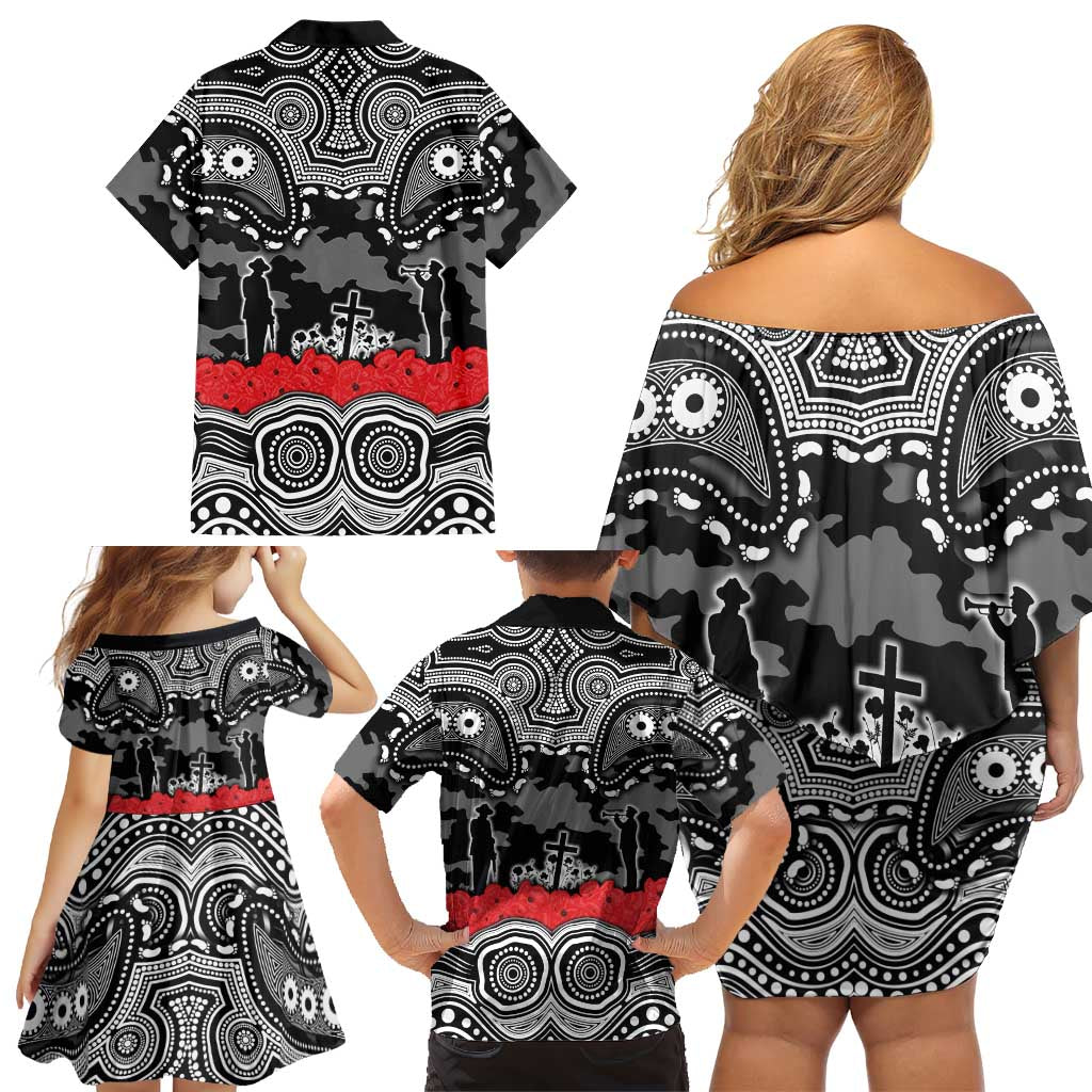 ANZAC Day South Sydney Rabbitohs Family Matching Off Shoulder Short Dress and Hawaiian Shirt Military Memorial Aboriginal Indigenous Art