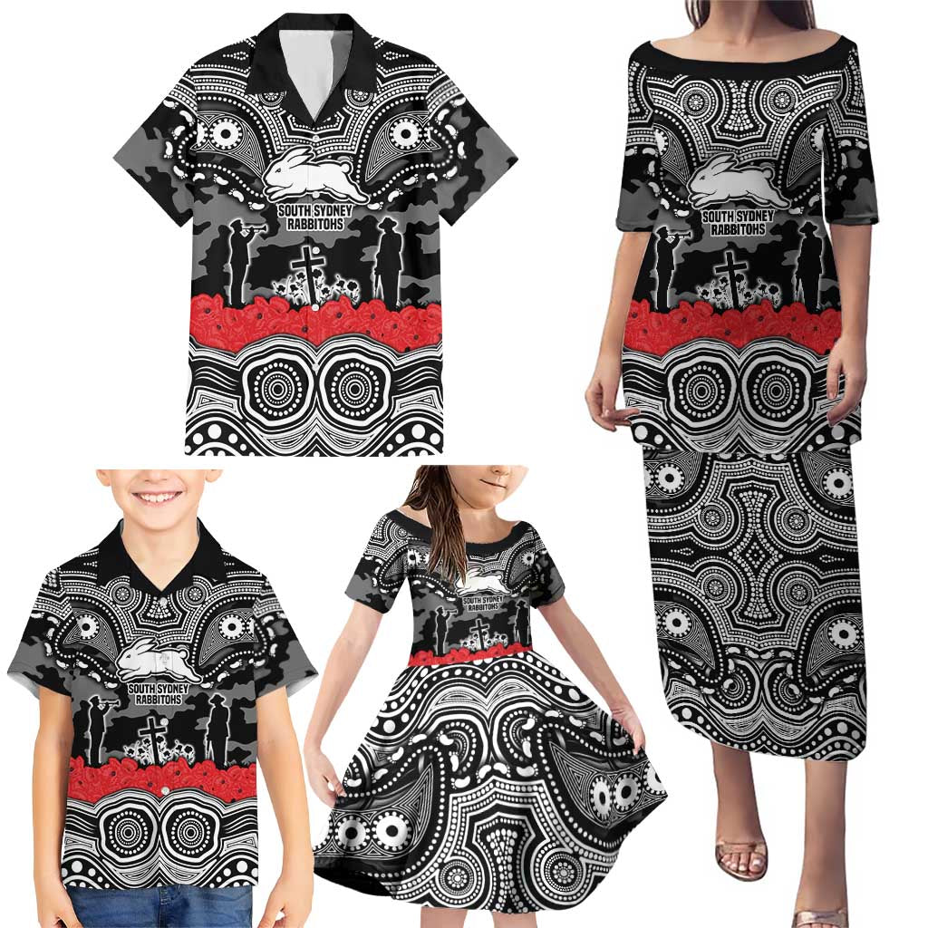 ANZAC Day South Sydney Rabbitohs Family Matching Puletasi and Hawaiian Shirt Military Memorial Aboriginal Indigenous Art