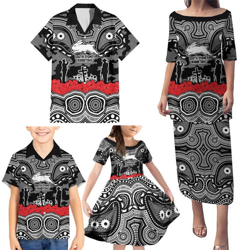 ANZAC Day South Sydney Rabbitohs Family Matching Puletasi and Hawaiian Shirt Military Memorial Aboriginal Indigenous Art