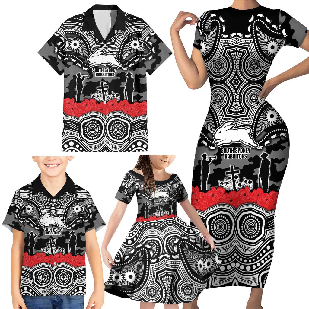 ANZAC Day South Sydney Rabbitohs Family Matching Short Sleeve Bodycon Dress and Hawaiian Shirt Military Memorial Aboriginal Indigenous Art
