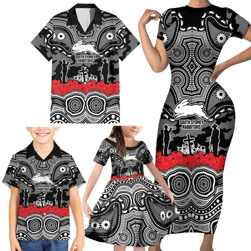 ANZAC Day South Sydney Rabbitohs Family Matching Short Sleeve Bodycon Dress and Hawaiian Shirt Military Memorial Aboriginal Indigenous Art