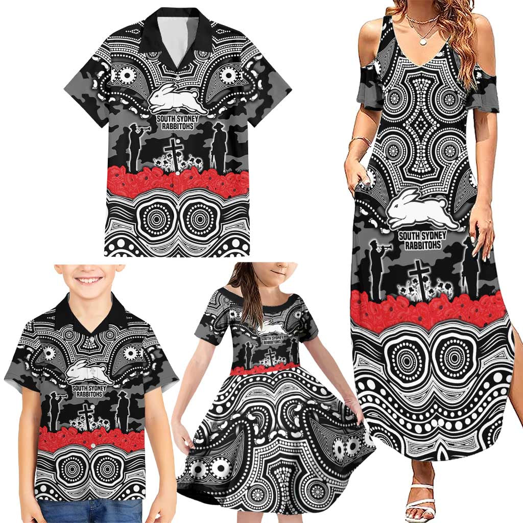 ANZAC Day South Sydney Rabbitohs Family Matching Summer Maxi Dress and Hawaiian Shirt Military Memorial Aboriginal Indigenous Art