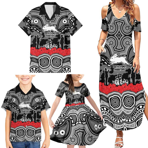 ANZAC Day South Sydney Rabbitohs Family Matching Summer Maxi Dress and Hawaiian Shirt Military Memorial Aboriginal Indigenous Art