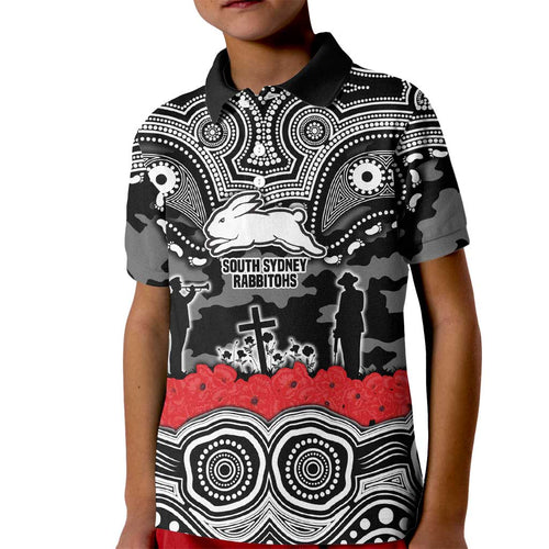ANZAC Day South Sydney Rabbitohs Kid Polo Shirt Military Memorial Aboriginal Indigenous Art