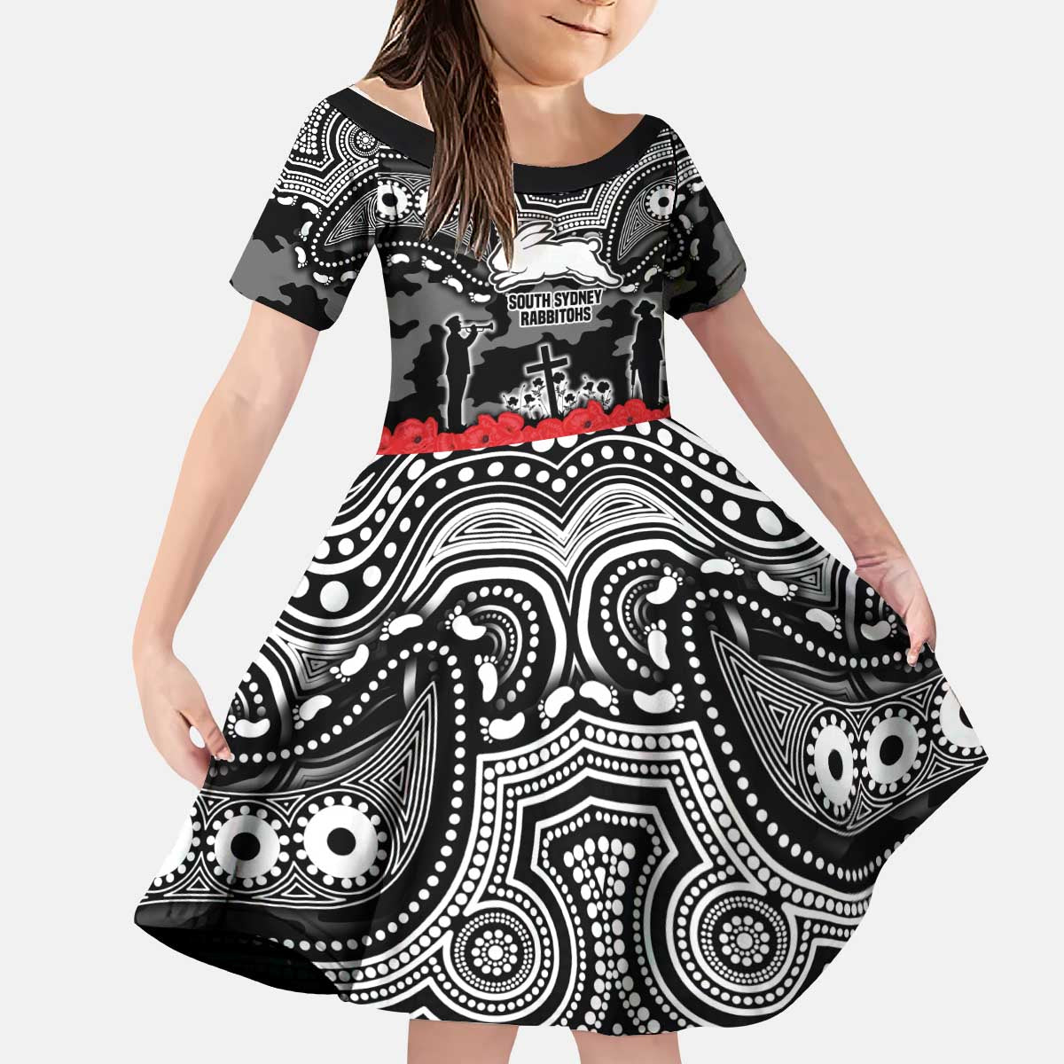 ANZAC Day South Sydney Rabbitohs Kid Short Sleeve Dress Military Memorial Aboriginal Indigenous Art