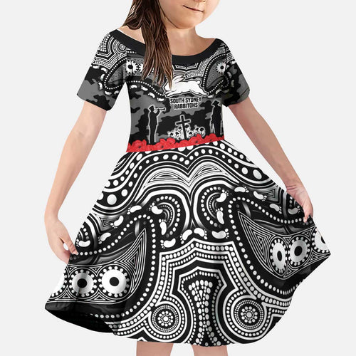 ANZAC Day South Sydney Rabbitohs Kid Short Sleeve Dress Military Memorial Aboriginal Indigenous Art