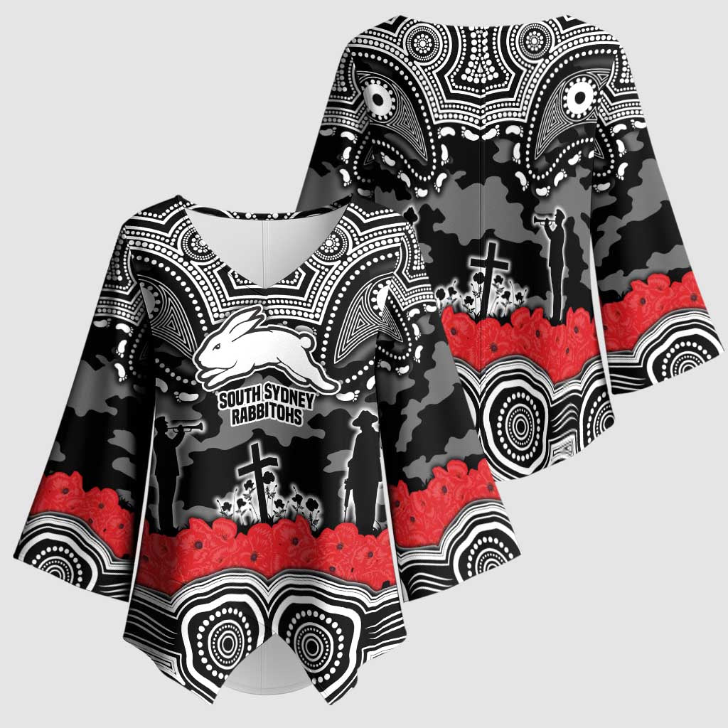 ANZAC Day South Sydney Rabbitohs Kimono Sleeve Blouse Military Memorial Aboriginal Indigenous Art