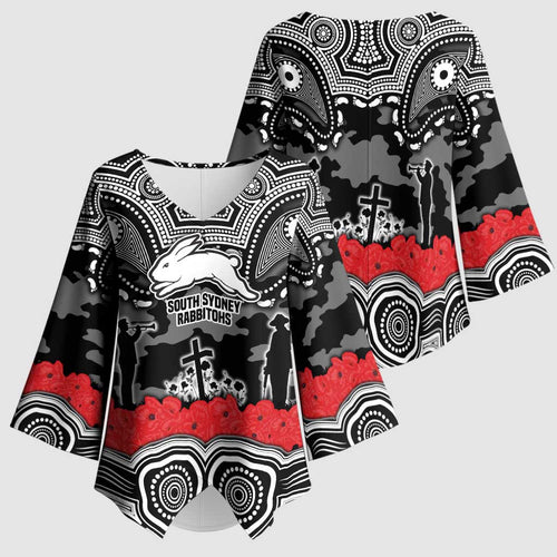 ANZAC Day South Sydney Rabbitohs Kimono Sleeve Blouse Military Memorial Aboriginal Indigenous Art