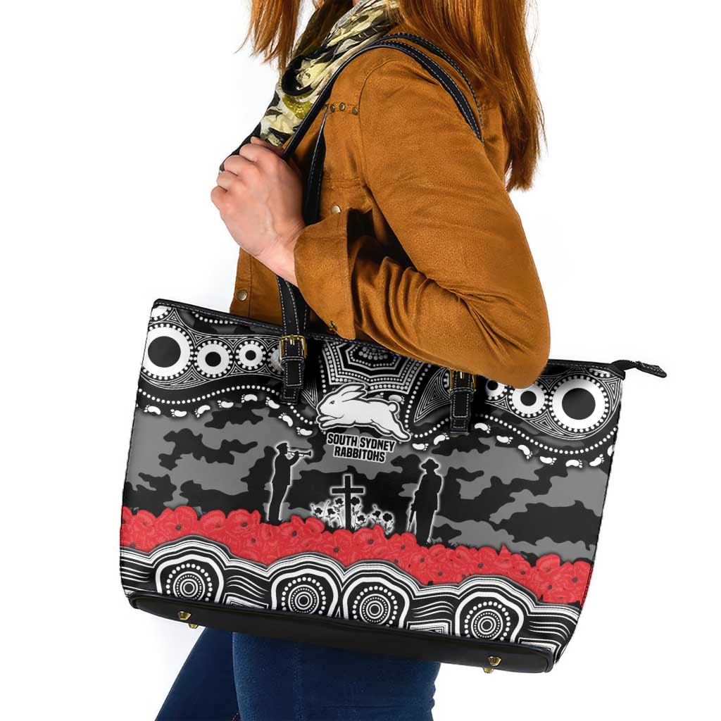 ANZAC Day South Sydney Rabbitohs Leather Tote Bag Military Memorial Aboriginal Indigenous Art