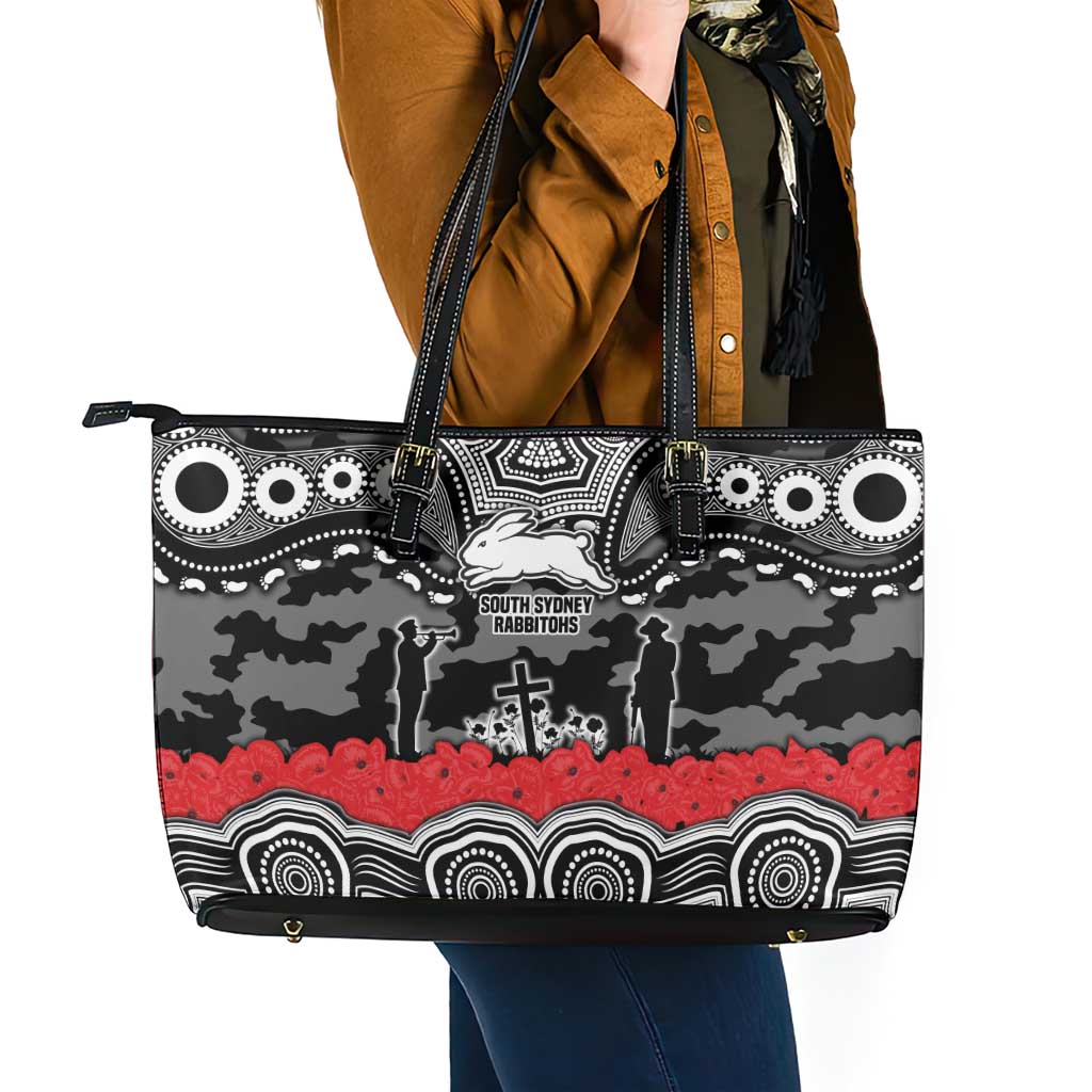 ANZAC Day South Sydney Rabbitohs Leather Tote Bag Military Memorial Aboriginal Indigenous Art