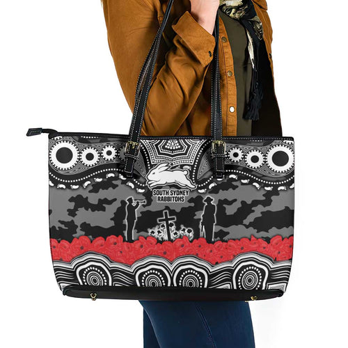 ANZAC Day South Sydney Rabbitohs Leather Tote Bag Military Memorial Aboriginal Indigenous Art