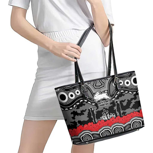 ANZAC Day South Sydney Rabbitohs Leather Tote Bag Military Memorial Aboriginal Indigenous Art