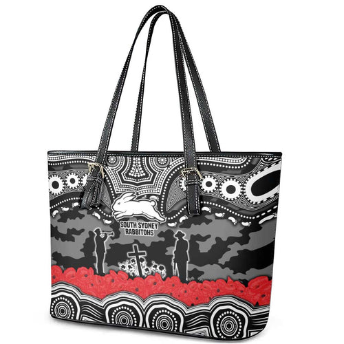 ANZAC Day South Sydney Rabbitohs Leather Tote Bag Military Memorial Aboriginal Indigenous Art