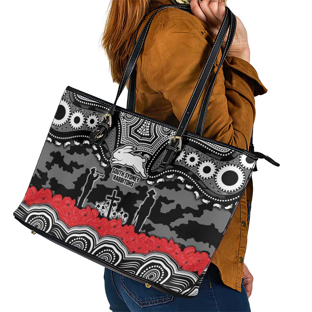 ANZAC Day South Sydney Rabbitohs Leather Tote Bag Military Memorial Aboriginal Indigenous Art