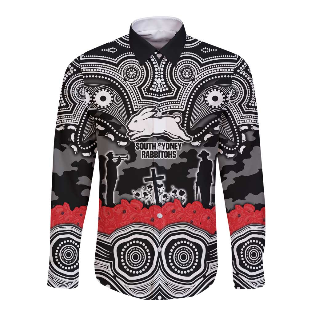 ANZAC Day South Sydney Rabbitohs Long Sleeve Button Shirt Military Memorial Aboriginal Indigenous Art