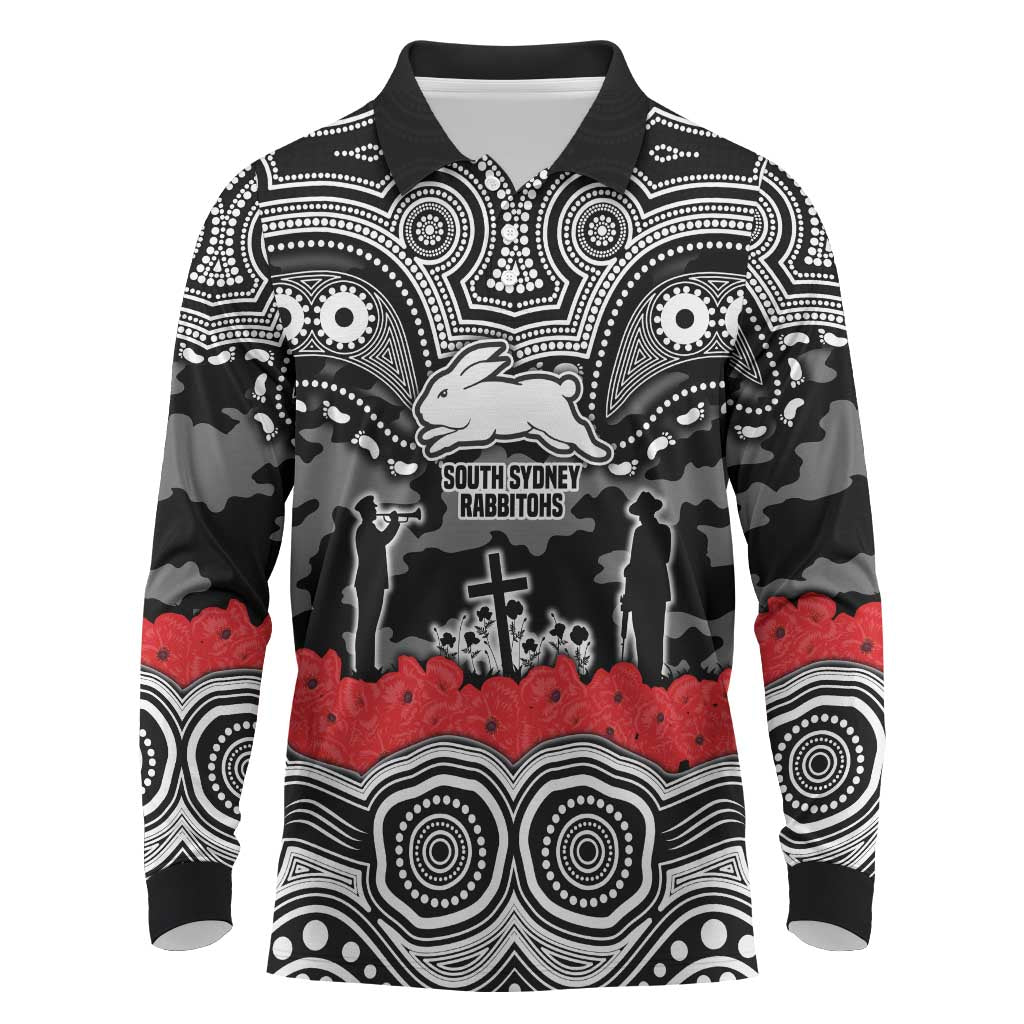 ANZAC Day South Sydney Rabbitohs Long Sleeve Polo Shirt Military Memorial Aboriginal Indigenous Art