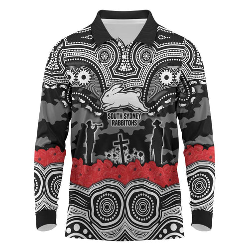 ANZAC Day South Sydney Rabbitohs Long Sleeve Polo Shirt Military Memorial Aboriginal Indigenous Art