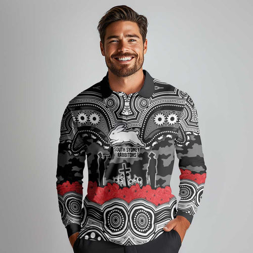ANZAC Day South Sydney Rabbitohs Long Sleeve Polo Shirt Military Memorial Aboriginal Indigenous Art