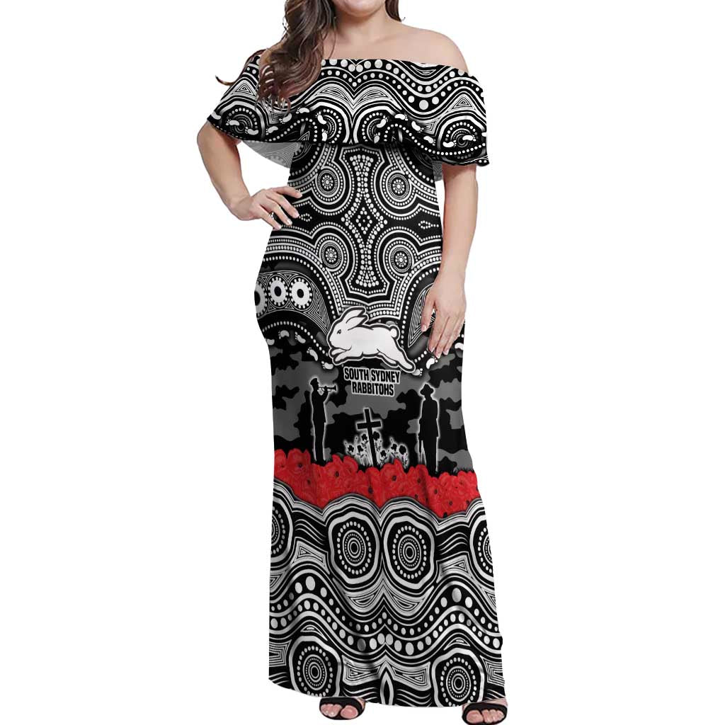 ANZAC Day South Sydney Rabbitohs Off Shoulder Maxi Dress Military Memorial Aboriginal Indigenous Art