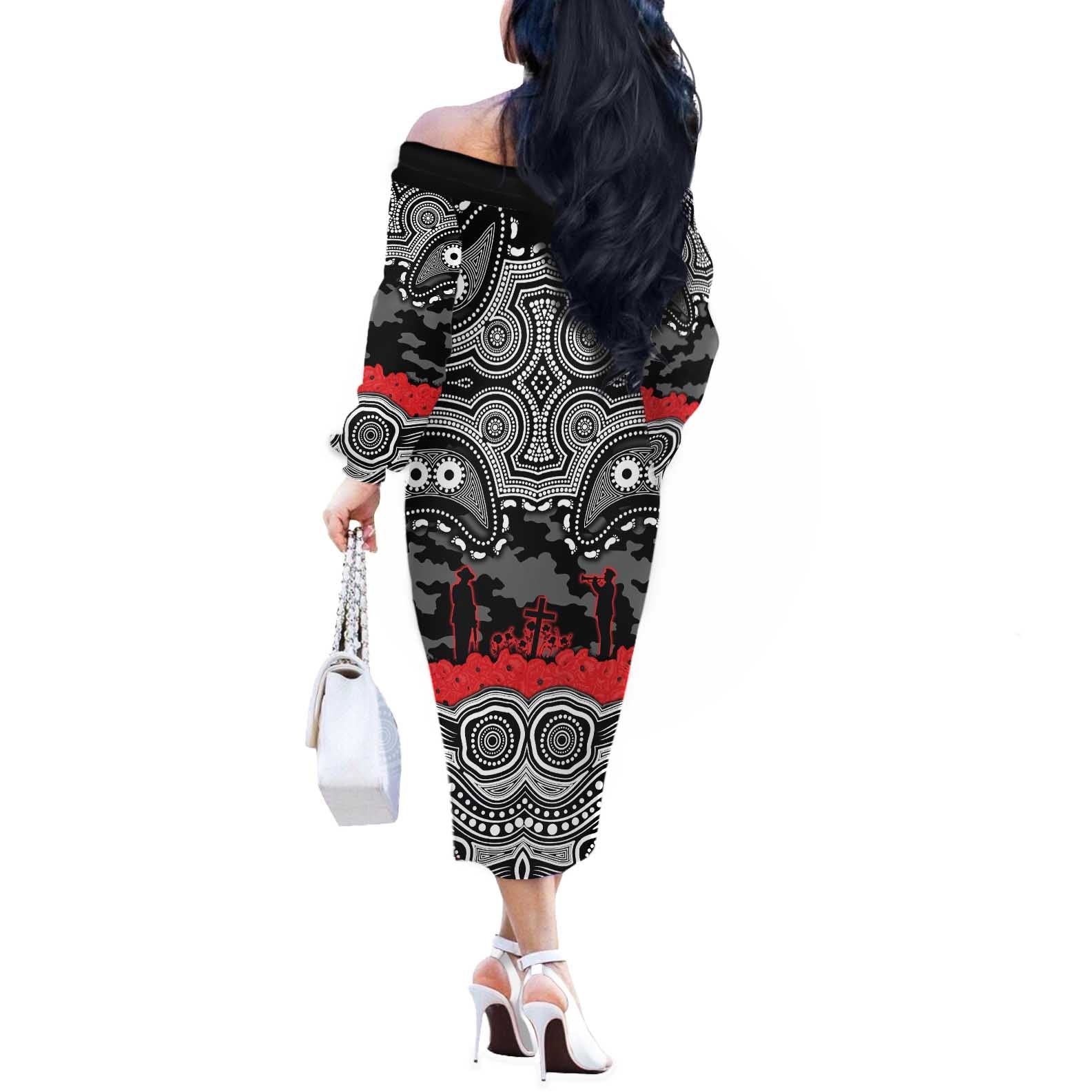 ANZAC Day South Sydney Rabbitohs Off The Shoulder Long Sleeve Dress Military Memorial Aboriginal Indigenous Art