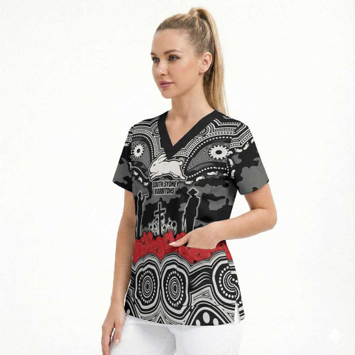 ANZAC Day South Sydney Rabbitohs Scrub Top Military Memorial Aboriginal Indigenous Art