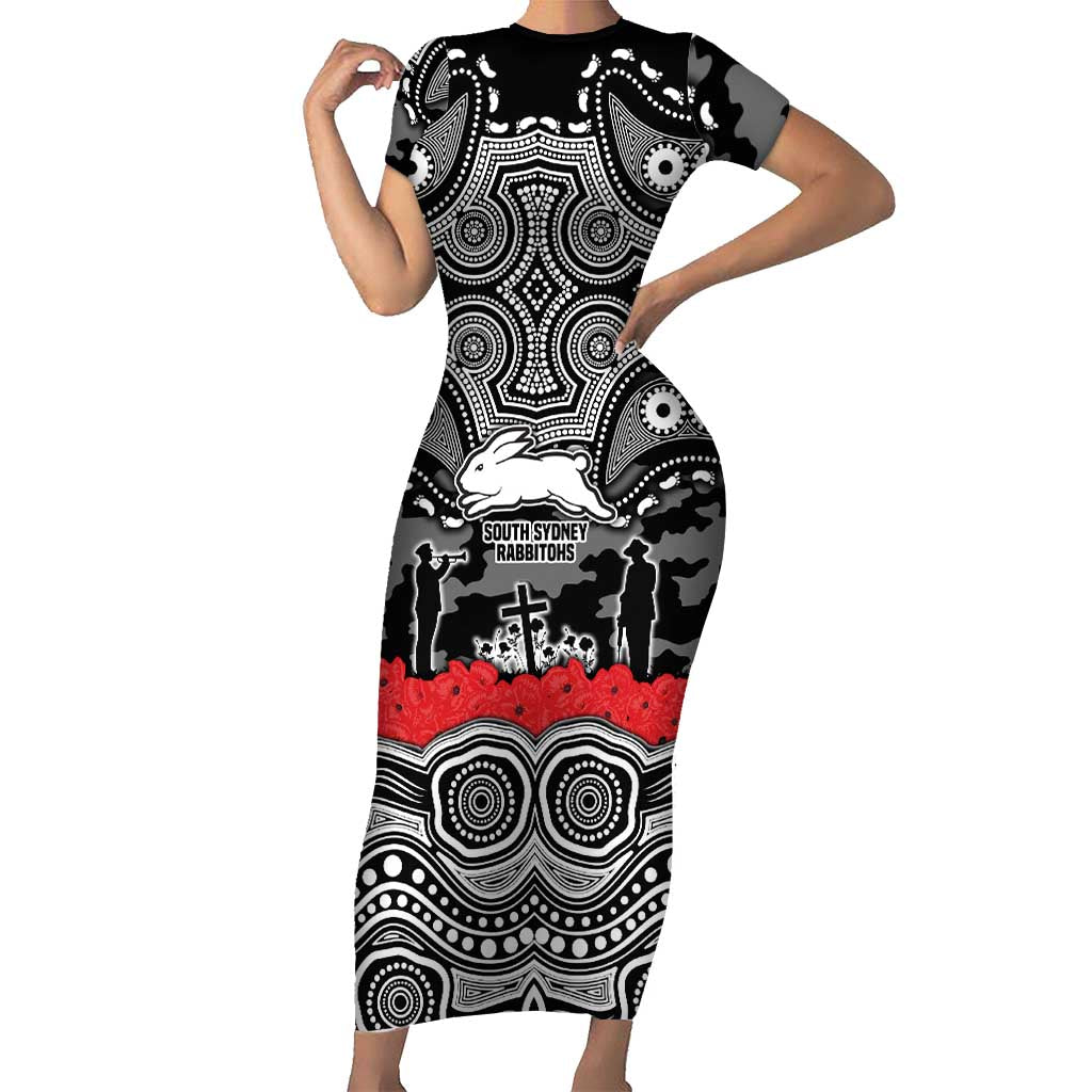 ANZAC Day South Sydney Rabbitohs Short Sleeve Bodycon Dress Military Memorial Aboriginal Indigenous Art
