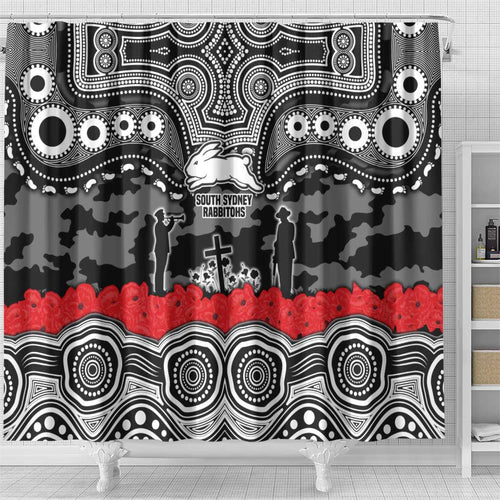 ANZAC Day South Sydney Rabbitohs Shower Curtain Military Memorial Aboriginal Indigenous Art