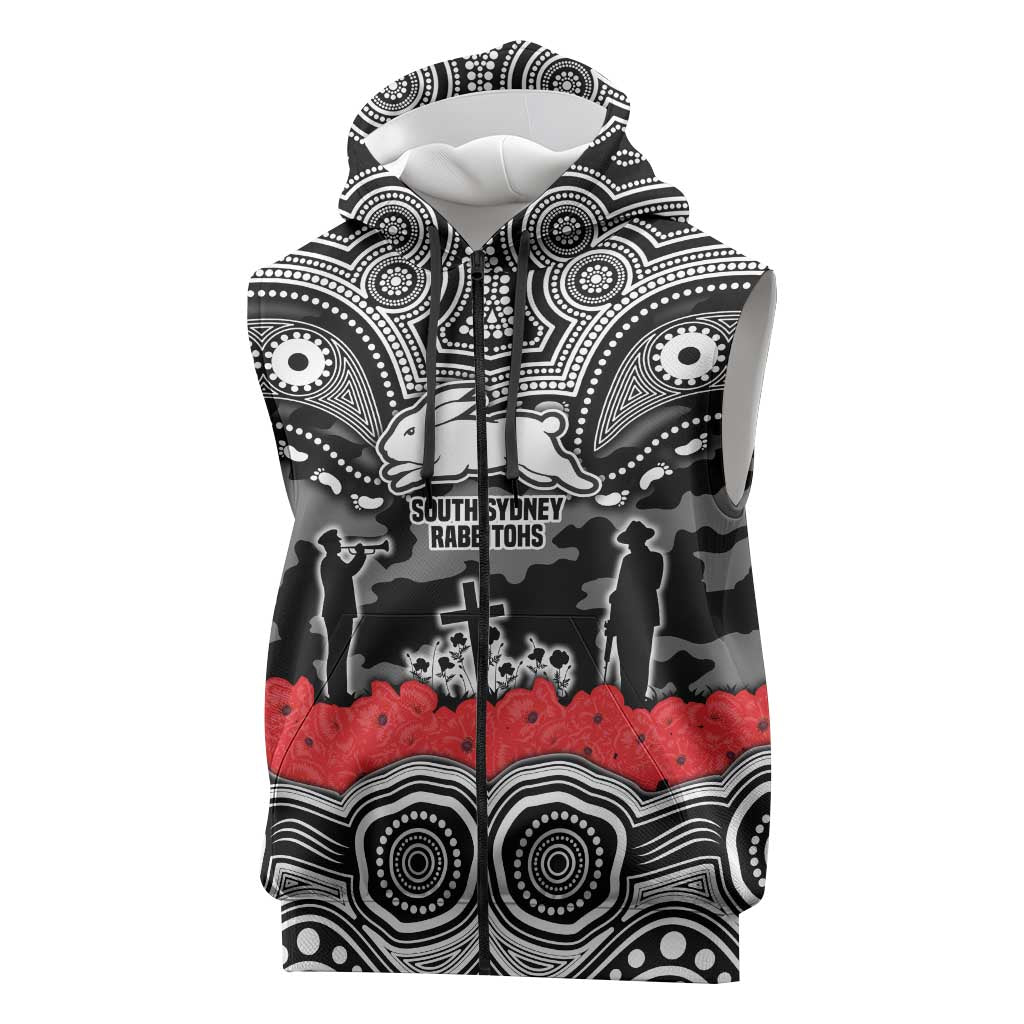 ANZAC Day South Sydney Rabbitohs Sleeveless Zip Hoodie Military Memorial Aboriginal Indigenous Art