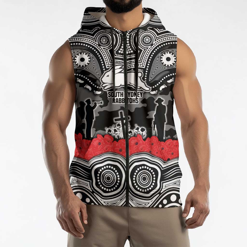ANZAC Day South Sydney Rabbitohs Sleeveless Zip Hoodie Military Memorial Aboriginal Indigenous Art