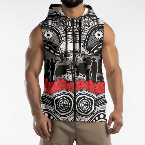 ANZAC Day South Sydney Rabbitohs Sleeveless Zip Hoodie Military Memorial Aboriginal Indigenous Art