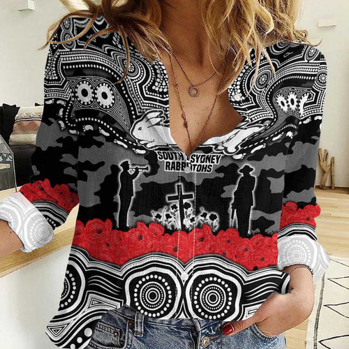 ANZAC Day South Sydney Rabbitohs Women Casual Shirt Military Memorial Aboriginal Indigenous Art