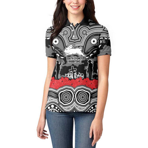 ANZAC Day South Sydney Rabbitohs Women Polo Shirt Military Memorial Aboriginal Indigenous Art