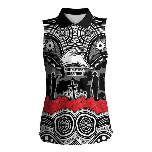 ANZAC Day South Sydney Rabbitohs Women Sleeveless Polo Shirt Military Memorial Aboriginal Indigenous Art