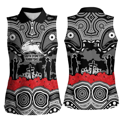 ANZAC Day South Sydney Rabbitohs Women Sleeveless Polo Shirt Military Memorial Aboriginal Indigenous Art