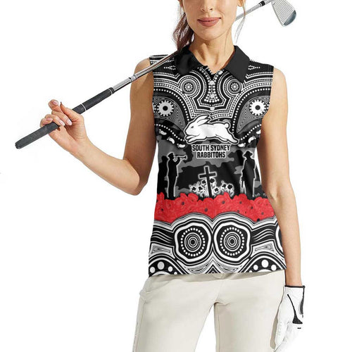 ANZAC Day South Sydney Rabbitohs Women Sleeveless Polo Shirt Military Memorial Aboriginal Indigenous Art