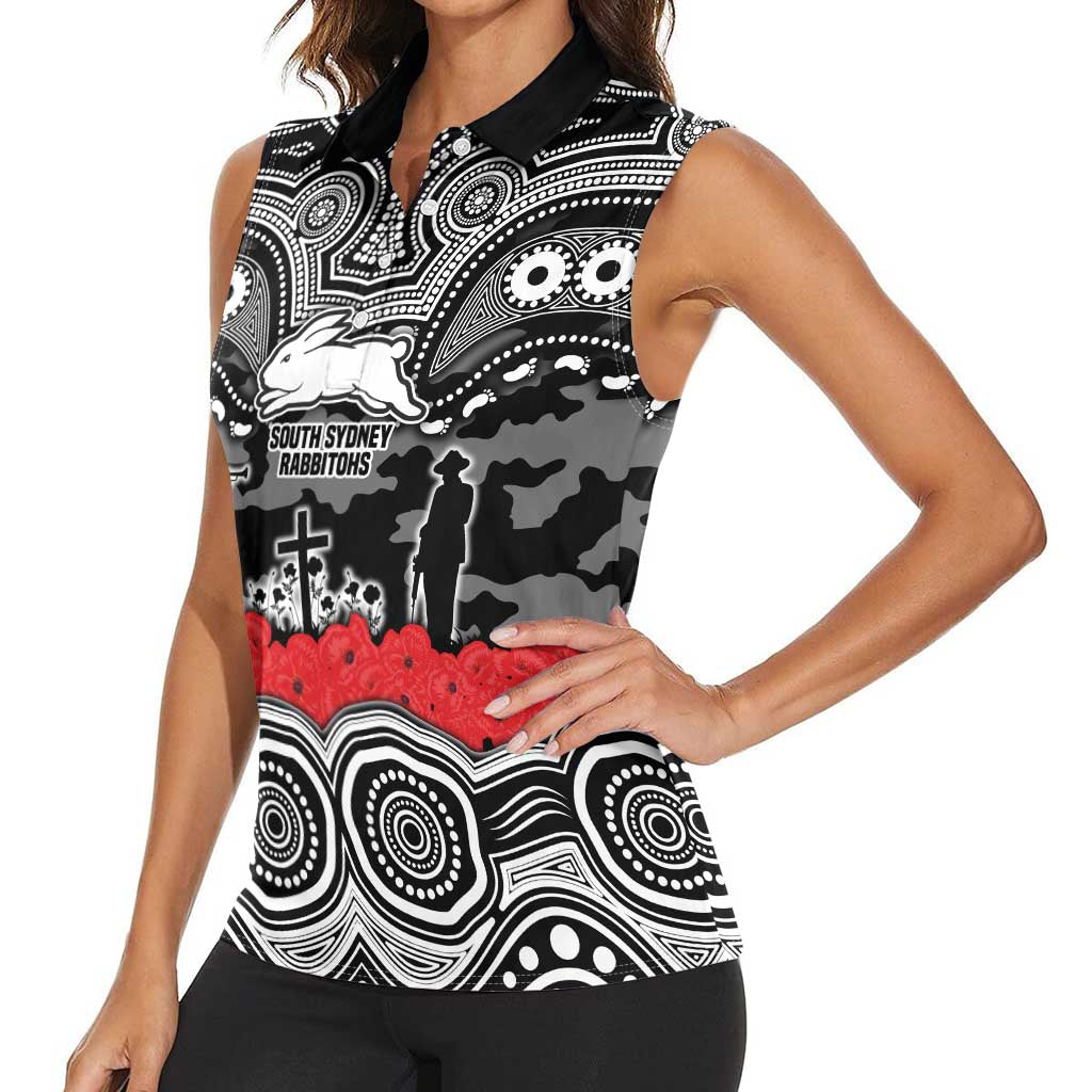ANZAC Day South Sydney Rabbitohs Women Sleeveless Polo Shirt Military Memorial Aboriginal Indigenous Art