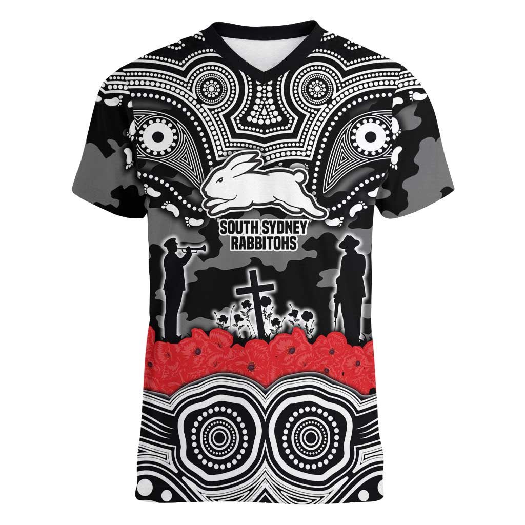 ANZAC Day South Sydney Rabbitohs Women V-Neck T-Shirt Military Memorial Aboriginal Indigenous Art