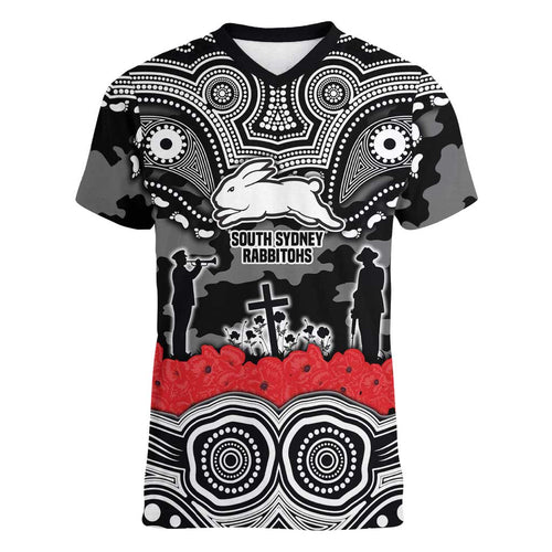 ANZAC Day South Sydney Rabbitohs Women V-Neck T-Shirt Military Memorial Aboriginal Indigenous Art