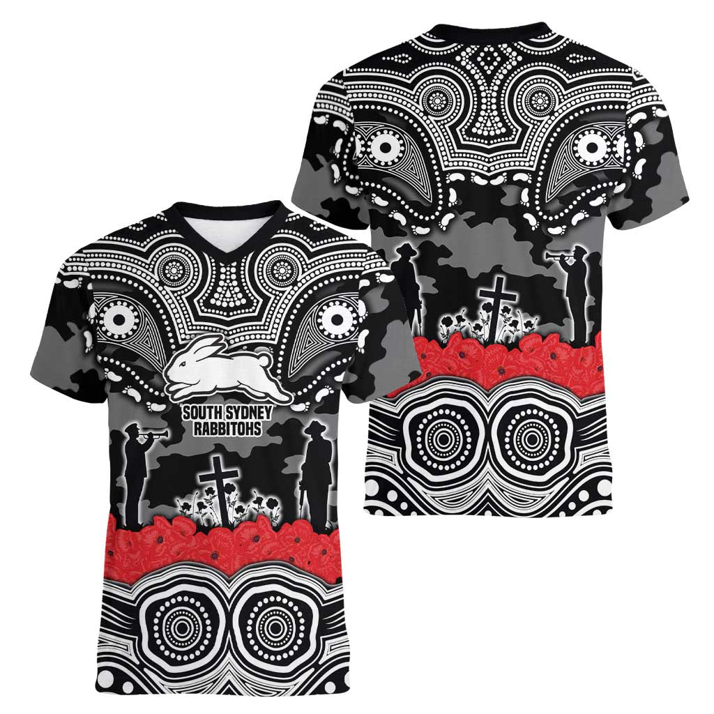 ANZAC Day South Sydney Rabbitohs Women V-Neck T-Shirt Military Memorial Aboriginal Indigenous Art