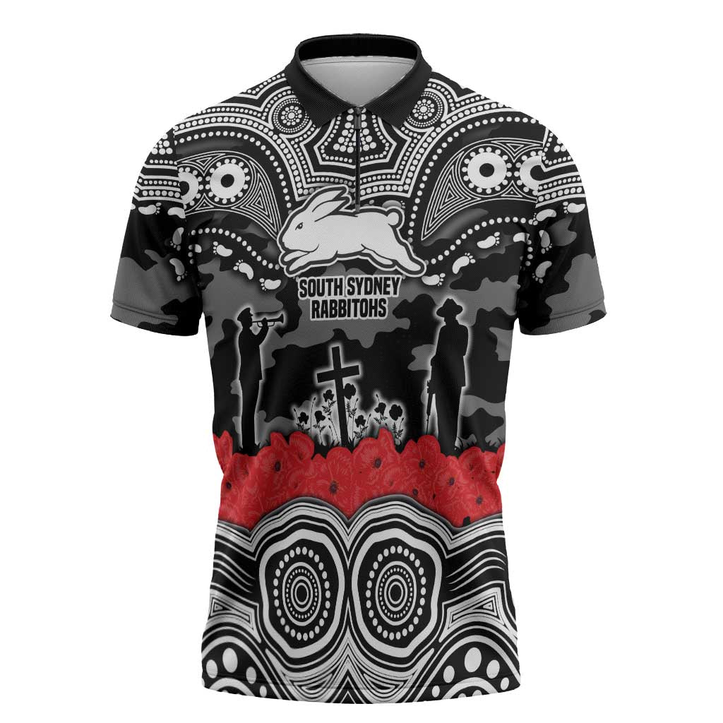 ANZAC Day South Sydney Rabbitohs Zipper Polo Shirt Military Memorial Aboriginal Indigenous Art