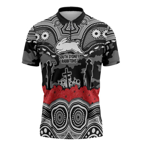 ANZAC Day South Sydney Rabbitohs Zipper Polo Shirt Military Memorial Aboriginal Indigenous Art