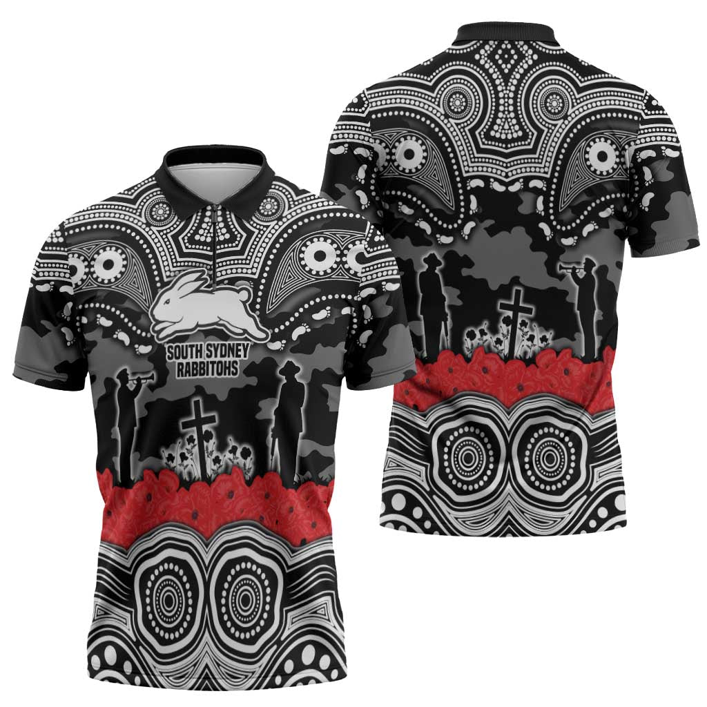 ANZAC Day South Sydney Rabbitohs Zipper Polo Shirt Military Memorial Aboriginal Indigenous Art